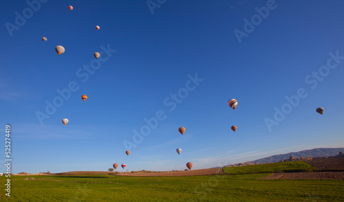 Colorful hot air balloons before launch in Goreme national park, Cappadocia, Turkey