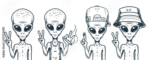 Aliens UFO stickers vintage monochrome