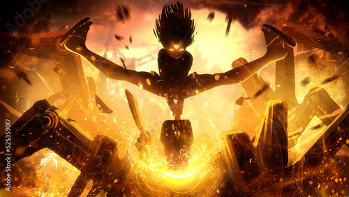 inhumanly strong girl strikes a crushing blow with a hammer on mechanical spider, breaking it into pieces with blow, she is a homunculus with a symbol on her head in an epic action pose. 2d anime art