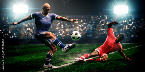 Soccer or European football. Football soccer players slide tackle for possession of the ball. 3D rendering.
