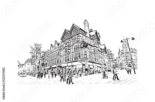 Building view with landmark of Nottingham is a city in central England. Hand drawn sketch illustration in vector.