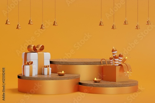 minimal scene, design for Diwali festival product display podium, 3d render with fireworks in yellow background