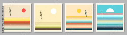 Vector illustration. Bauhaus. Mid century modern graphic. 70s retro funky graphic. Grunge texture. Minimalist landscape set. Abstract shapes. Design elements for social media, blog post, banner, card