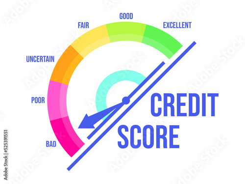 Bad credit score. Credit rating indicator with a direction arrow from bad to excellent, isolated on white background. Credit score gauge. Design for apps and websites. Vector illustration