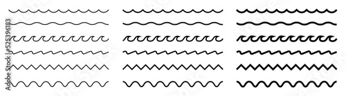 Wave line and wavy zigzag lines. Black underlines wavy curve zig zag line pattern in abstract style. Geometric decoration element. Isolated on white background. Ocean water waves. Vector icons set.