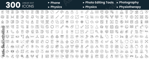 Set of 300 thin line icons set. In this bundle include phone, photo editing tools, photography, physics, physiotherapy