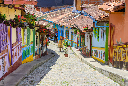 colorful street of guatape colonial town, colombia