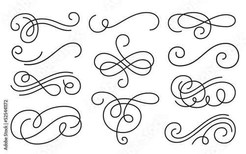 Black line calligraphic vintage swirl set. Classic antique typographic filigree curls. Elegant retro Ink hand drawn swashes. Christmas ornate wedding invitation Victorian style flourish scroll pattern