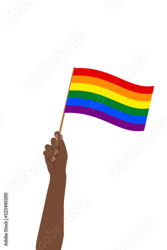 Tęczowa flaga w uniesionej dłoni. Symbol społeczności LGBTQ. Tolerancja, wolność, miłość, różnorodność. Ilustracja wektorowa na LGBT Pride Month.