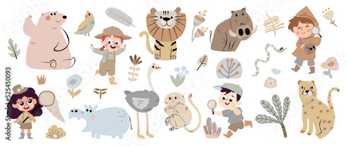 Set of safari animal vector. Friendly wild life with hippo, leopard, bear, hippo, monkey, parrot, boys and girls in safari suit. Adorable animal and many characters hand drawn on white background.
