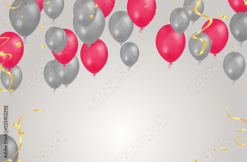 balloon gray and red background. Flying colorful balloons birthday party decoration. Anniversary celebration card, fun carnival holiday joy surprise group banner vector template