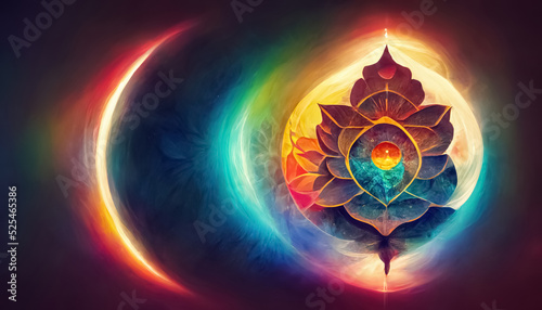 Abstract design of multicolored chakra powerful energy. Chakra mandala flower. 3D illustration.