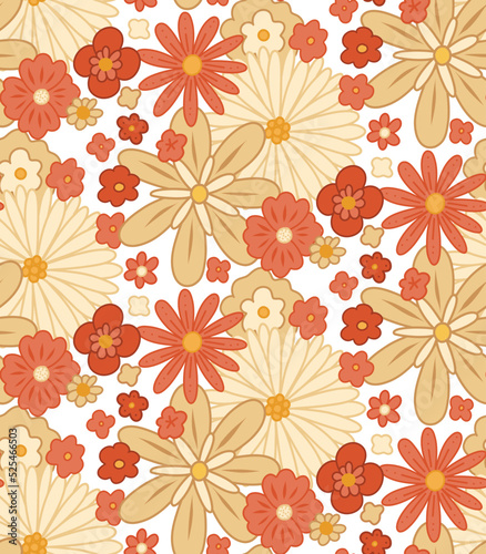 Vector seamless retro pattern with dense groovy flowers. Ditsy hippie texture with different beige and coral flowers on white background.