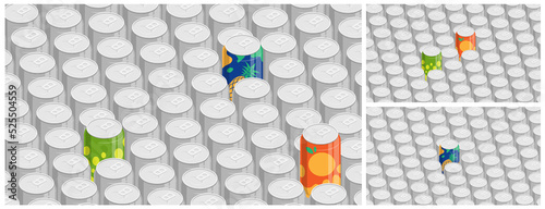 Bright aluminum soda cans stand out against monotonous gray cans. Clear distinction from others. Vector. Concept
