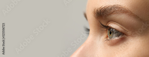 Closeup view of woman with beautiful eyes on light grey background, space for text. Banner design