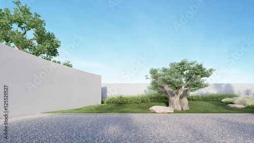 beautiful garden in front of the wall Next to the garden is a gravel road. daytime atmosphere. 3D illustration