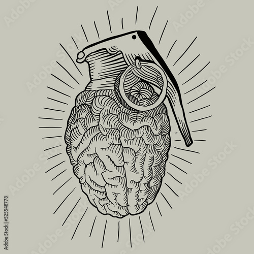 hand grenade in the form of a brain.vector illustration.hand drawn elements isolated on grey background.engraving style.modern graphic design perfect for tattoo,t shirt,greeting card,poster,banner,etc