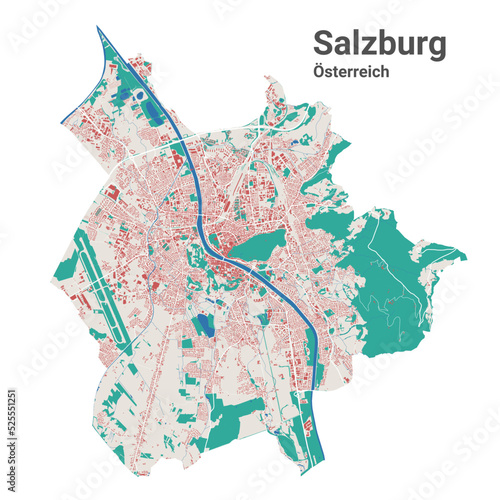 Salzburg vector map. Detailed map of Salzburg city administrative area. Cityscape panorama. Road Map with buildings, water, forest.