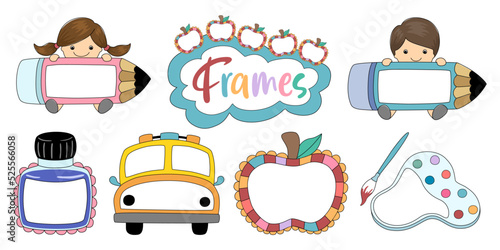 Set of vector illustrations Colorful frames for name tags, kids art, kids activities, worksheet decorations, teacher elements, education, activity boards, and more.