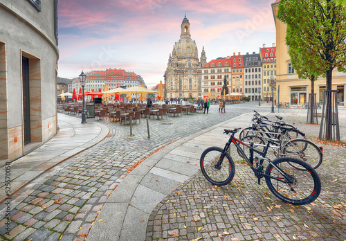 Fantastic view of of Baroque church - Frauenkirche at Neumarkt square in downtown of Dresden.