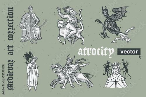 Atrocity vector engraving style illustration. Medieval art with blackletter calligraphy.