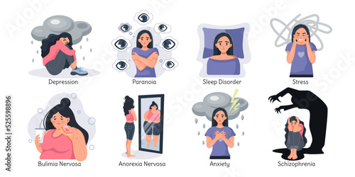 A set of vector illustrations of mental illnesses and disorders