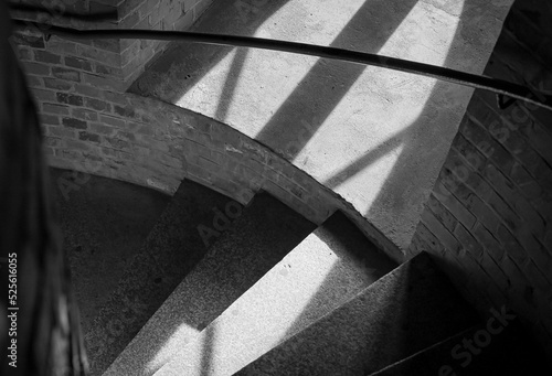 Black and white shot of the stairs in the lighthouse