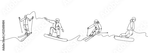Human riding a snowboard and skiing one line art. Continuous line drawing sport, winter sports, tricks, snowboarding, competition, extreme, skis, ski poles, slide down the mountain, man, woman, hobby.