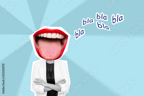 Young business woman headed by wide open mouth shows tongue with text bla bla on blue color background. Trendy collage in magazine style. Contemporary art. Modern design. Gossip girl, rumors, chatter