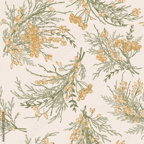 Seamless floral pattern with golden berries.