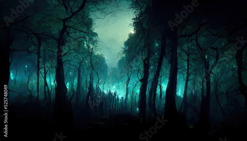 Realistic haunted forest landscape at night. Fantasy Halloween forest background. 3D illustration.