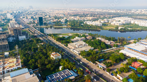 Aerial Photography Drone photography of Chennai and the suburbs in Tamil Nadu India; River bed landscape images of villages; Beach aerial view