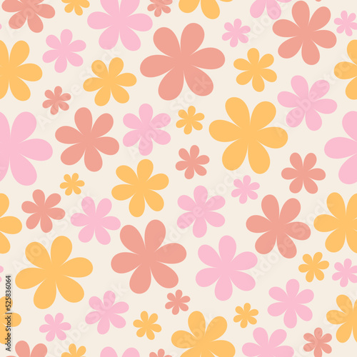 Pastel floral pattern in the style of the 70s with groovy daisy flowers. Retro floral vector design. Style of the 60s, 70s, 80s
