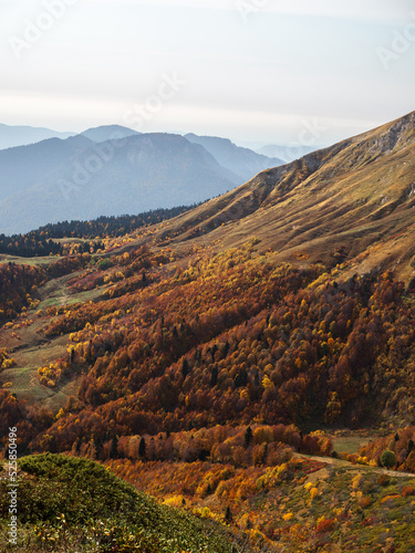 Beautiful panorama of mountains, freedom and beauty of nature. Autumn view of the Caucasus mountains in Russia
