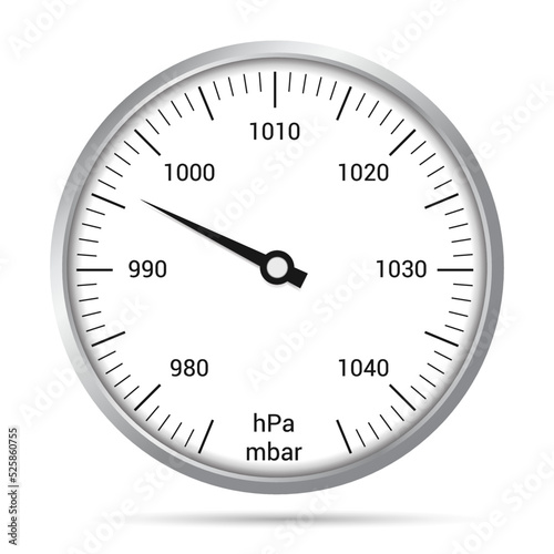 Realistic illustration of barometer dial with numbers, hand and metal border. Black mbar and hPa markings on a white background, vector