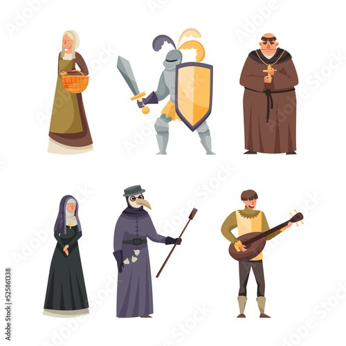 Medieval people set. Monk, peasant woman, doctor, minstrel, knight, nun cartoon vector illustration