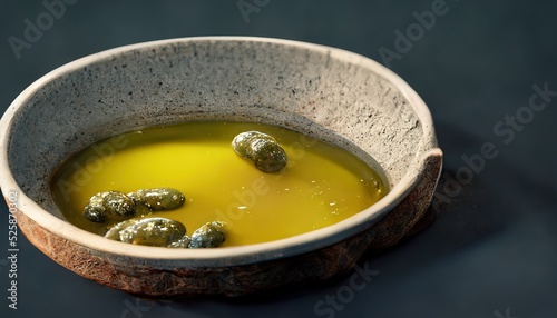 3D Illustration of Anchovy paste inside the bowl on the stone table