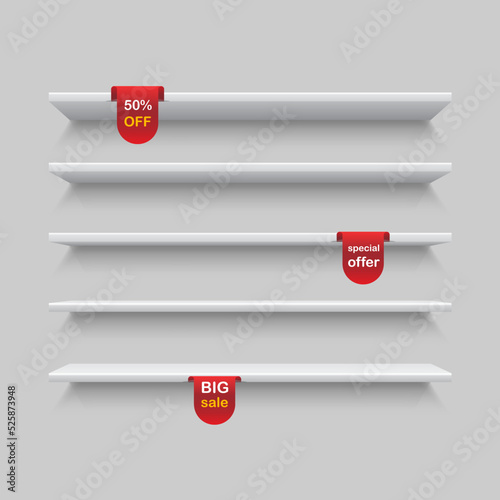 Realistic store shelves with promotional wobblers. Mock up of empty shelf isolated on grey background. Announcement promotion template. Vector illustration.