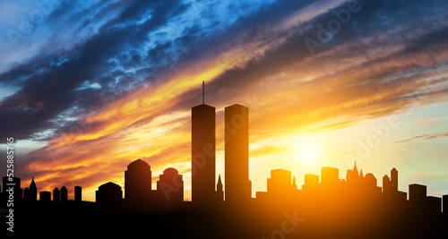 New York skyline silhouette with Twin Towers at sunset. 09.11.2001 American Patriot Day banner. NYC World Trade Center.