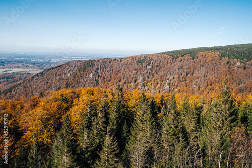 View of Jizerske mountains in autumn. First person view of mountain landscape in fall.