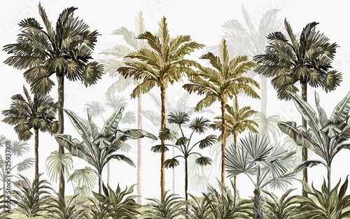 hand drawn forest landscape wallpaper design, tall palm trees, tropical trees, earth tones, modern wallpaper, background, mural art.