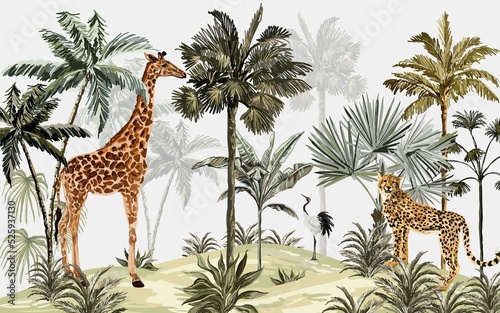 tropical jungle wallpaper design, giraffe, bird and leopard, hand drawing effect, wallpaper for kids room, interior design, mural art.