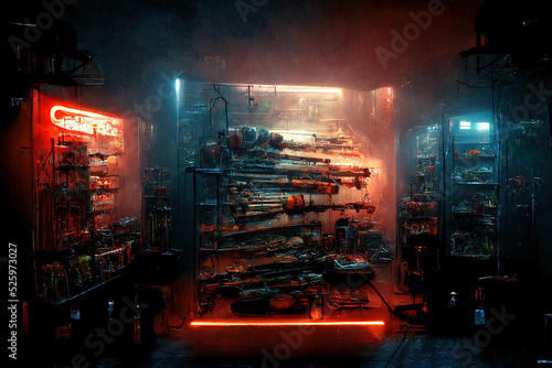 Cyberpunk Gun Shop. Fantasy Arsenal Weapon Depot. Concept Art. Realistic Illustration. Video Game Background. Digital Painting. CG Artwork. Scenery Artwork. Serious Painting. Book Illustration 