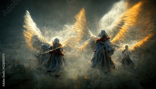 illustration of angels with swords