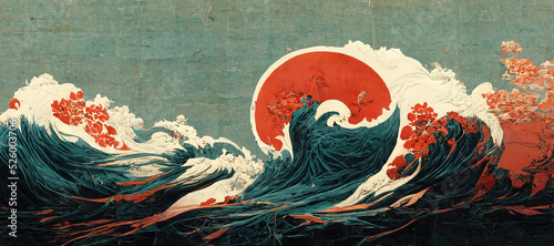 Abstract Hokusai style background. Waves, sea, pink sakura trees.