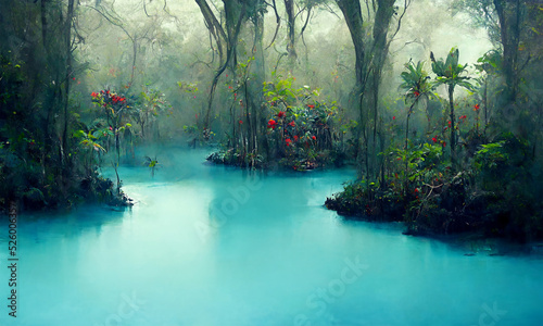 fantasy hidden blue lagoon in the tropical forest, digital illustration