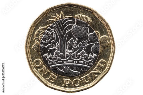 New one pound coin of England UK introduced in 2017 which show emblems of each of the nations, png stock photo file cut out and isolated on a transparent background