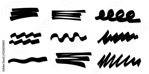 Hand drawn marker line stroke set. Highlight marker underline and strike through. Pen line template. Vector illustration isolated on white background.