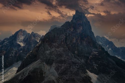 aerial view at dawn of the pale di san martino dolomites trentino