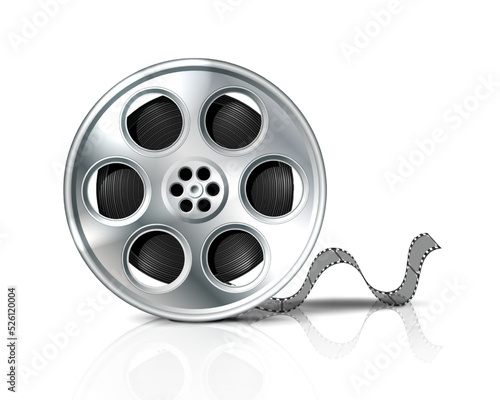 Film reel or movie metal roll with black tape. Isolated on white background.